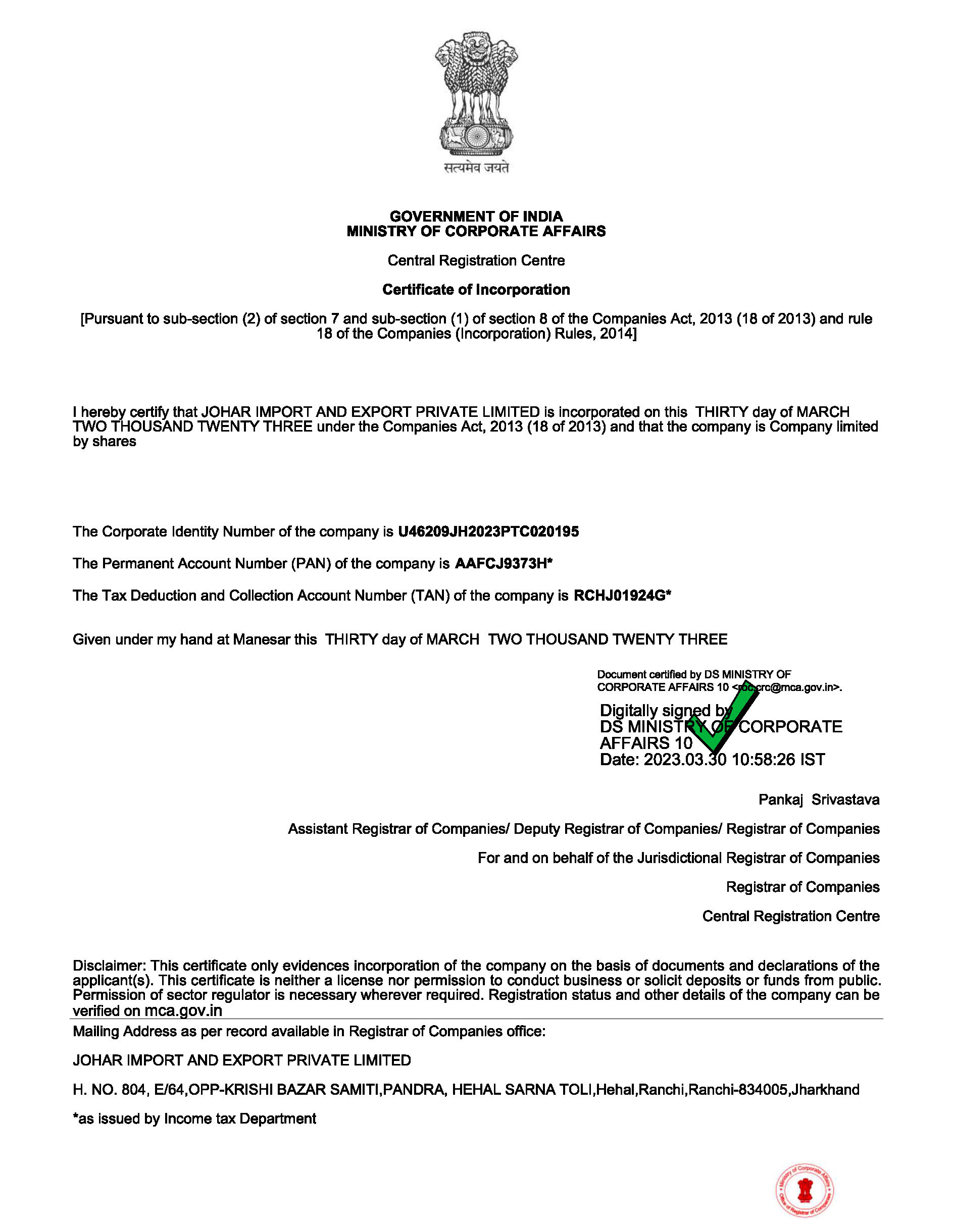 COI certificate of johar import export